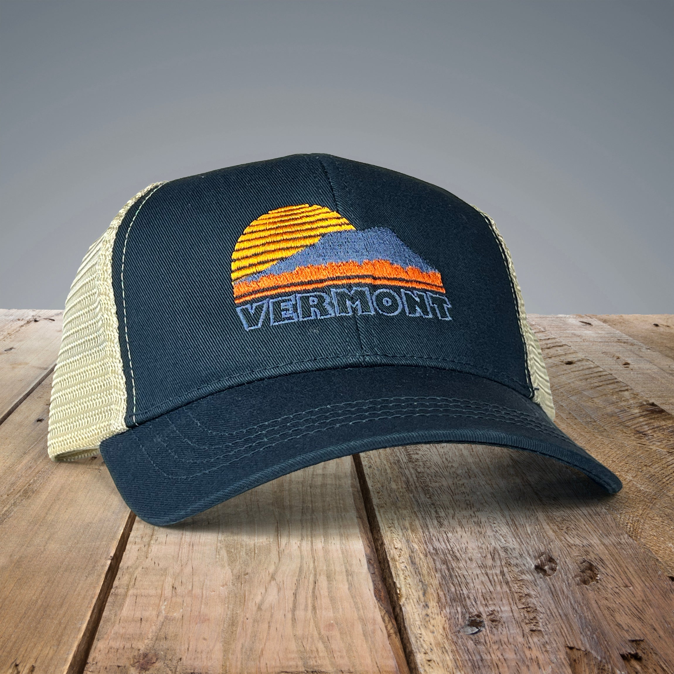 Vermont Sunset trucker hat in blue.