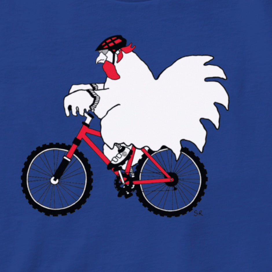 Clucky the Biker Vermont tshirt in blue. Artist designed VT chicken t-shirt.