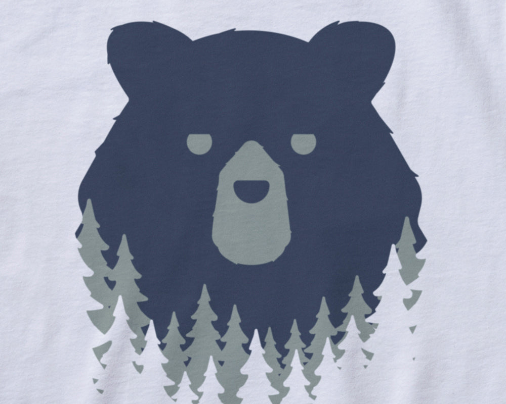 Bear in the Woods graphic in blue and grey