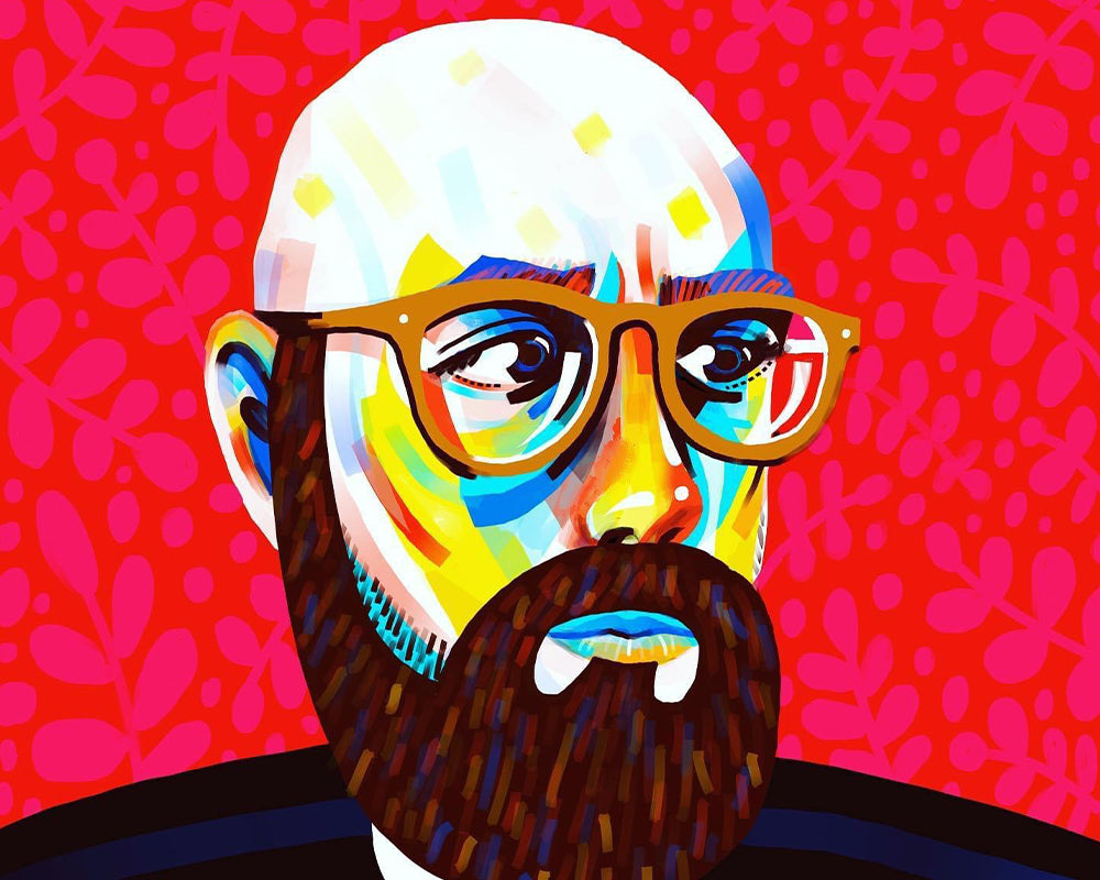 Illustration of Michael Mullan wearing glasses with a red background