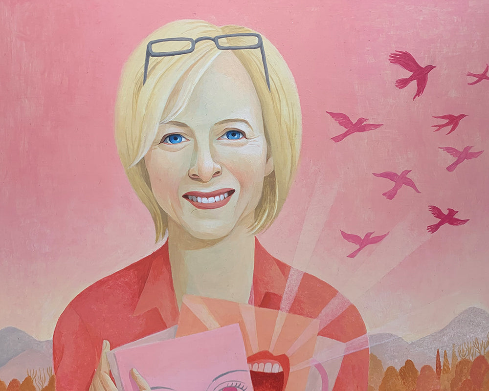 Painting of Pamela Fogg on a pink background holding magazines with birds flying out of the magazines