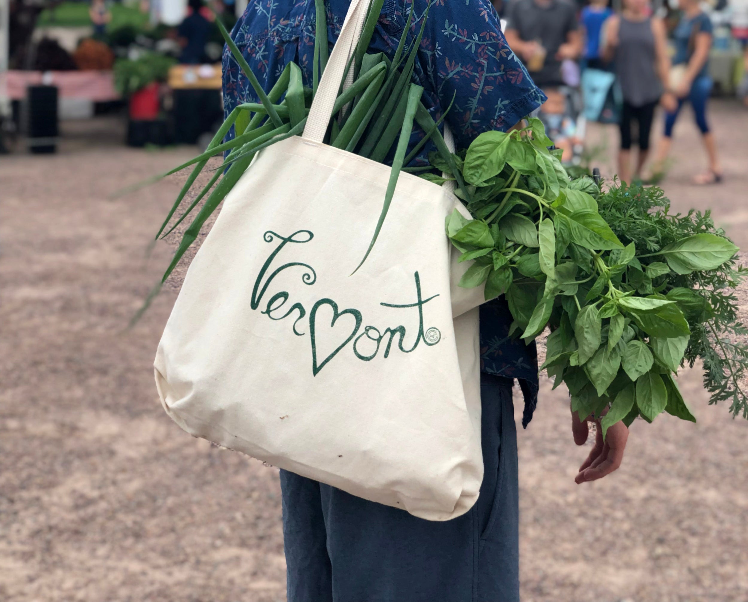 Heart of Vermont totebag filled with fresh produce from the Burlington Farmer's Market