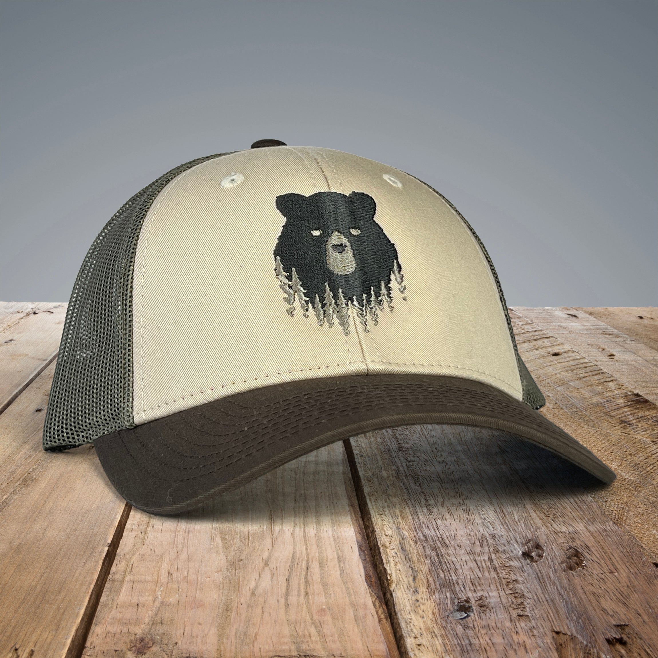 Bear in the Woods Vermont trucker hat. Artist designed VT baseball hat.