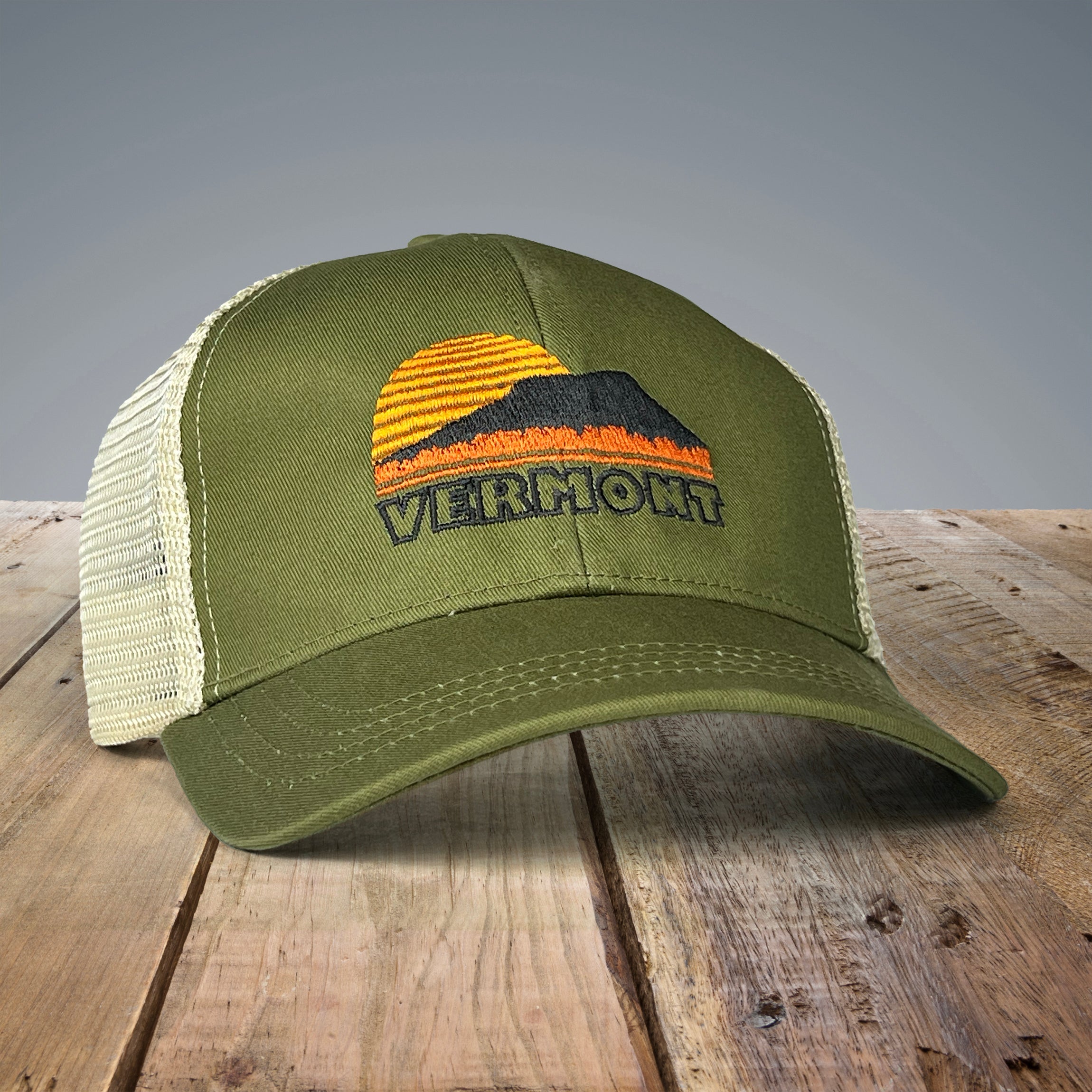 Vermont Sunset trucker hat in green.