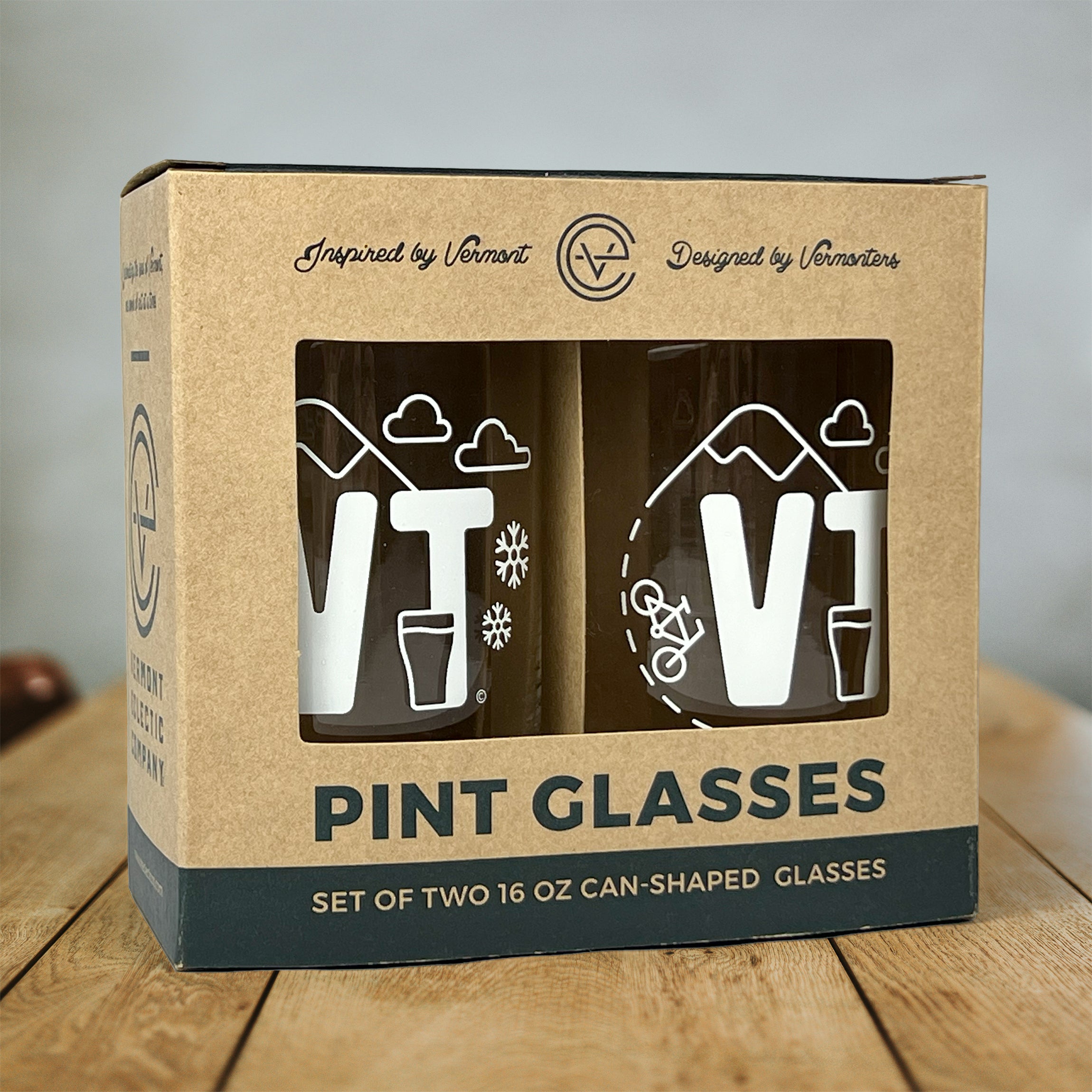 Vermont Eclectic Company beer can pint glasses in box