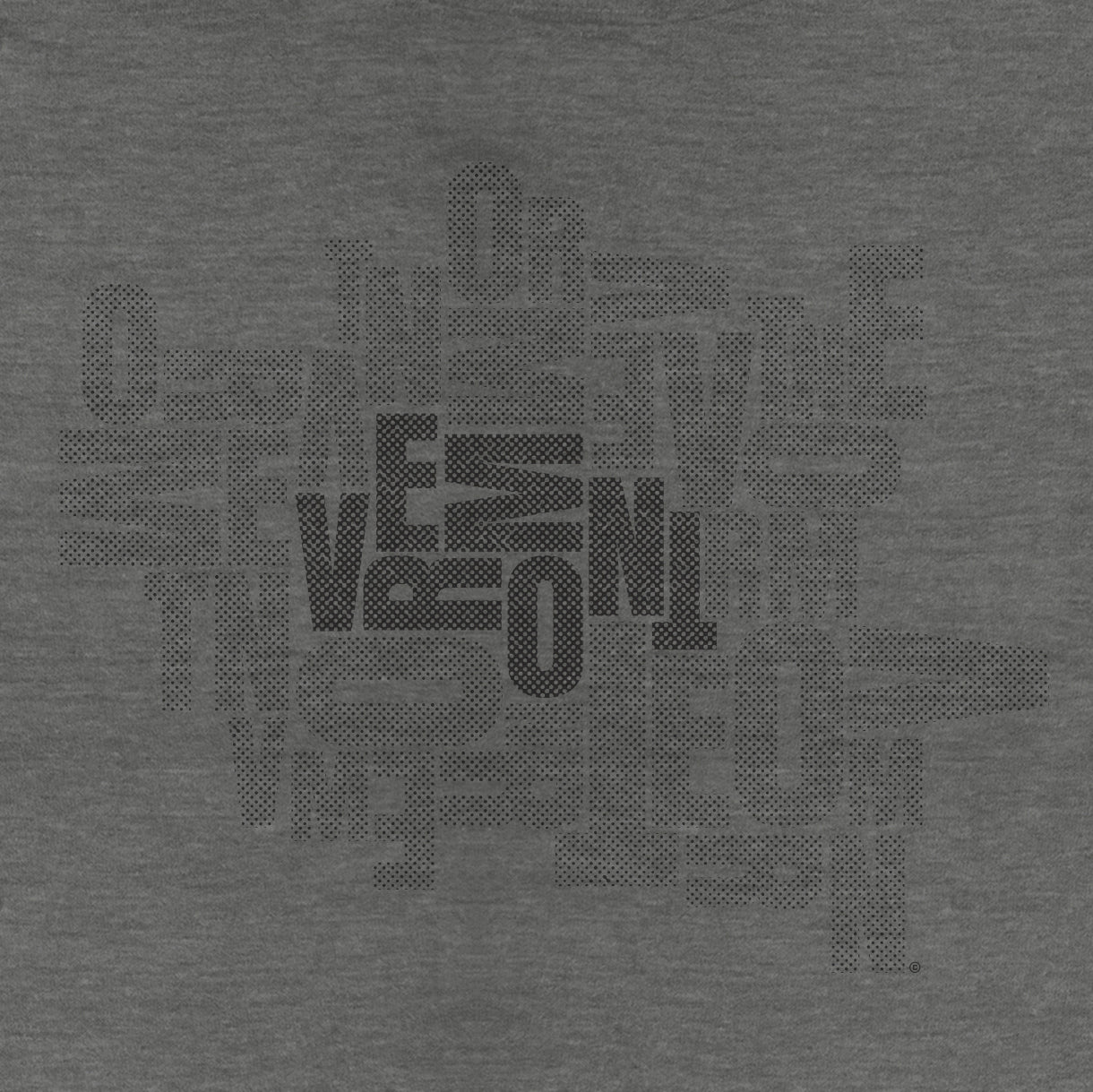 Close up of Vermont type design in black on grey shirt