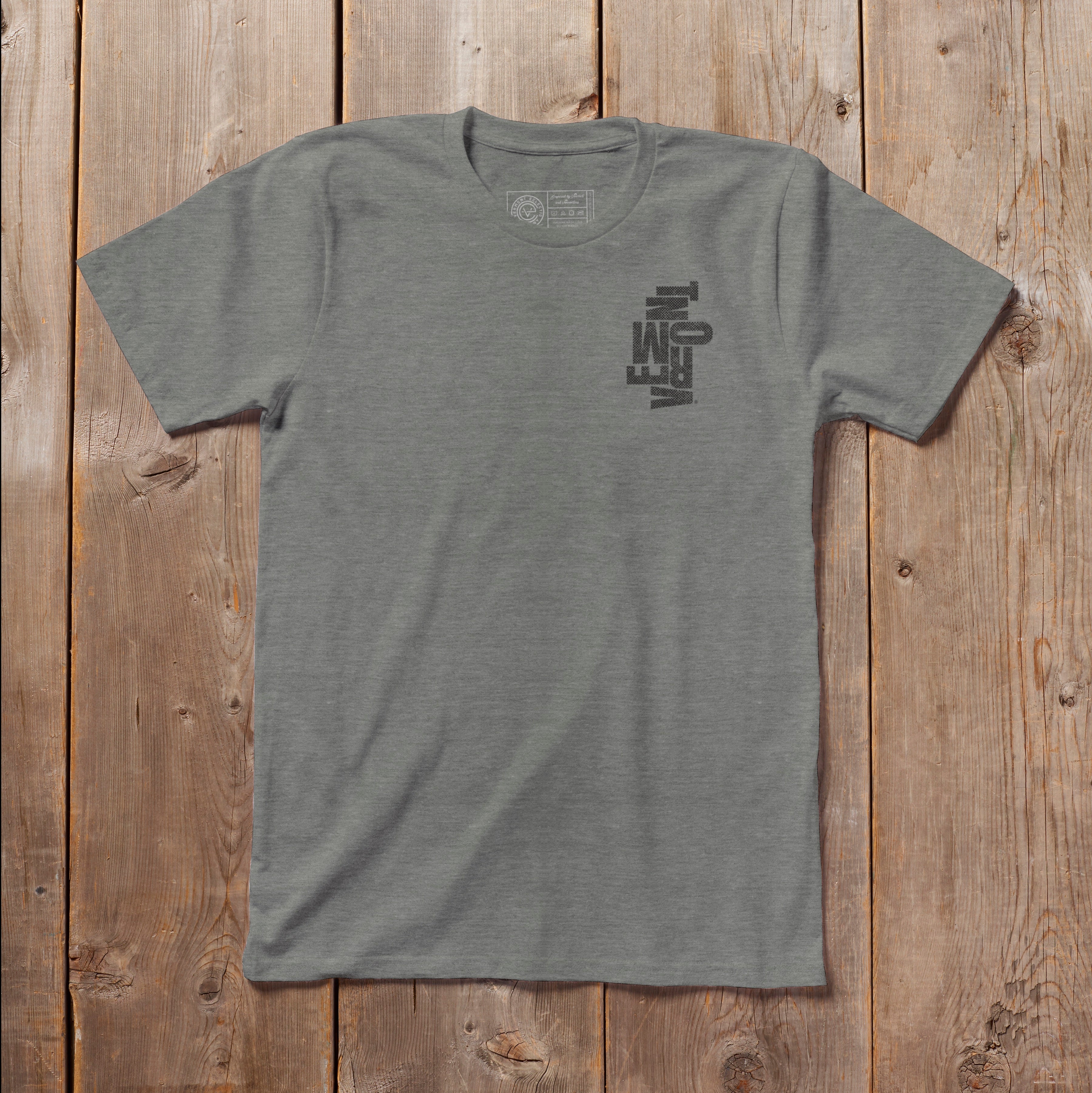 Vermont type design in black on grey shirt