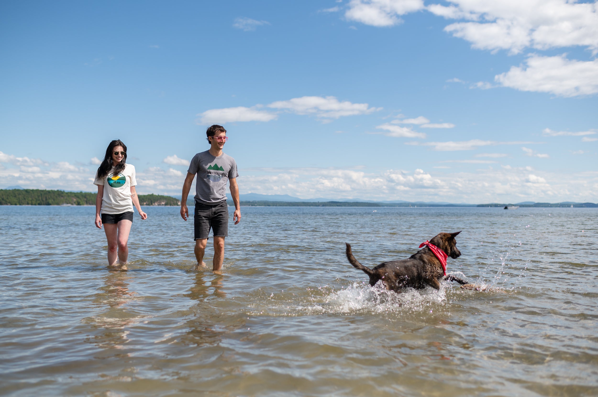 Two people wading in Lake Champlain with a dog while wearing Vermont Eclectic Company t-shirts
