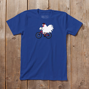 Clucky the Biker Vermont tshirt in blue. Artist designed VT chicken t-shirt.
