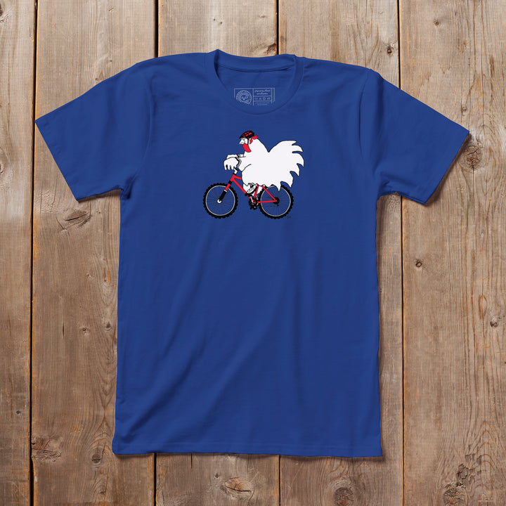 Clucky the Biker Vermont tshirt in blue. Artist designed VT chicken t-shirt.