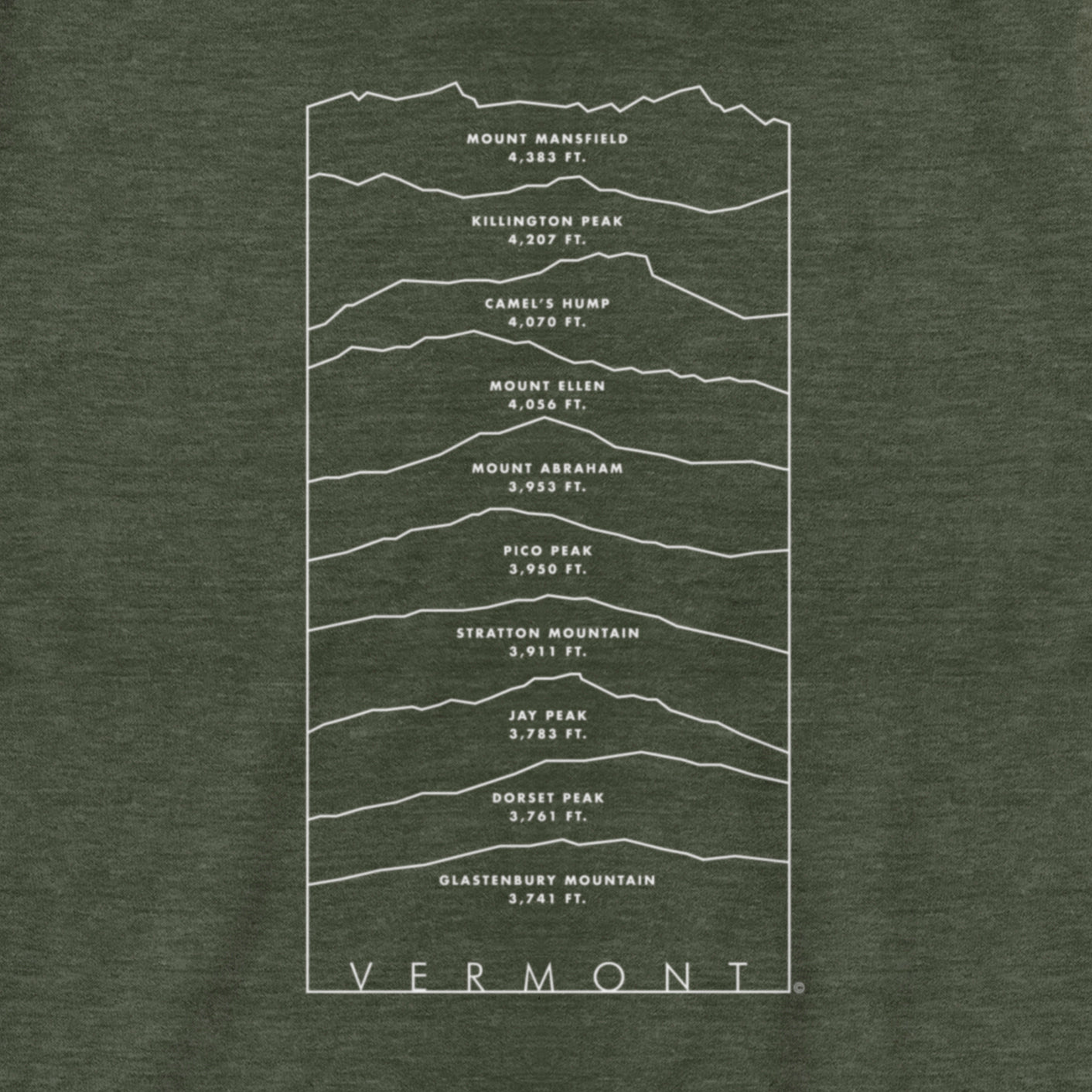 Elevation Elation Vermont tshirt in green. Artist designed VT Green Mountain t-shirt.