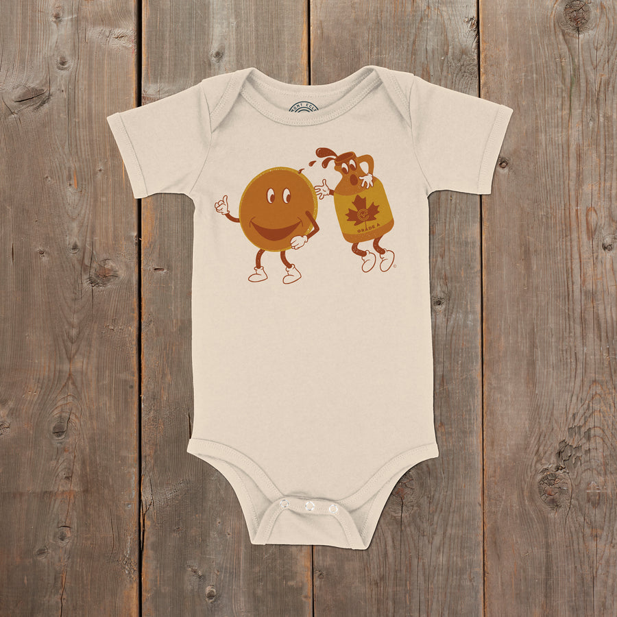Breakfast with Friends Vermont infant onepiece in natural. Artist designed VT youth t-shirt.